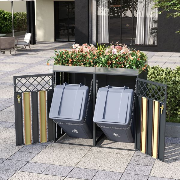 Mülltonnenbox 2-fach mit silbernem Pflanzgefäß grau-Holzoptik 132×80×124,5 cm aus verzinktem Stahl