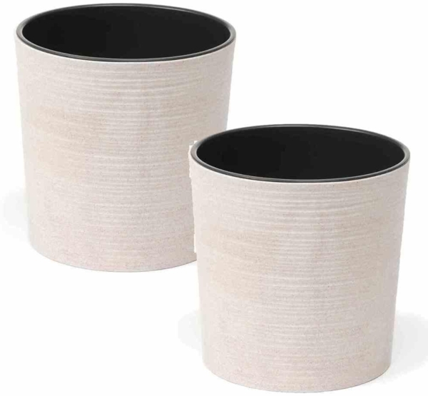 Pflanzgefäß LOCON 2er-Set Ø 30 × 30,5 cm weiß – modernes Rillendesign mit bis zu 40 % Holzfaseranteil, inkl. schwarzem Einsatz, SIENA GARDEN 844_05