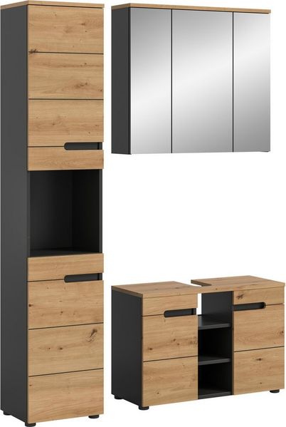 welltime Badmöbel-Set REHAT, 3-teilig, Breite 133 cm, mit grifflosen Fronten, bestehend aus:, (3-St), 1x Hochschrank, 1x Waschbeckenunterschrank & 1x Spiegelschrank