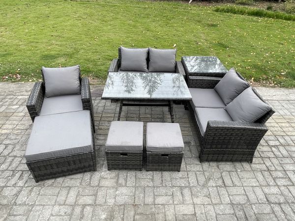 Fimous 8-Sitzer Garten Esstisch Set Polyrattan Outdoor Möbel Sofa mit Rechteckiger Esstisch Doppelsitz Sofa Beistelltisch 3 Hockern Dunkelgrau Gemischt