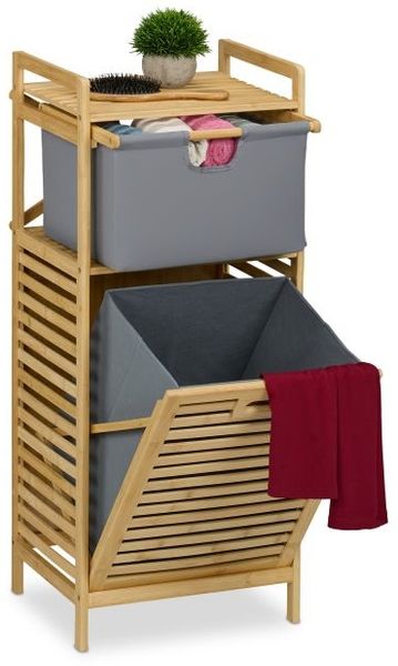 Badregal mit Wäschekorb Bambus, Natur, Grau, 1x Stoffschubladen