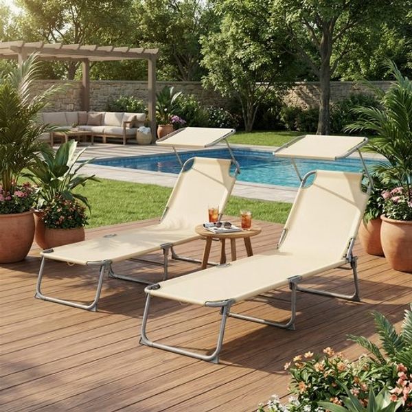 SONGMICS Sonnenliege klappbar, 2er Set, belastbar bis 110 kg, verstellbare Sonnenblende, Rückenlehne, beige