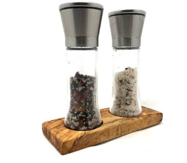Olivenholz-erleben Gewürzständer Sockel DUO für Salz- und Pfeffermühle Olivenholz Untersetzer Menage, (1-tlg), Zeitlos schönr Untersetzer mit einzigartiger Olivenholz-Maserung