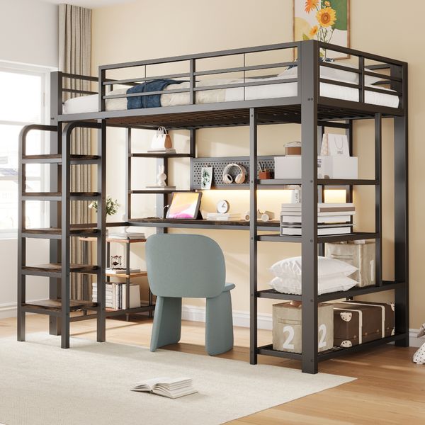 Eisen-Hochbett 90×200 cm, mit Lochblech, Schreibtisch mit CEE-Steckdose, Mehrfarbige LED-Beleuchtung, Mehrstöckige Ablagefächer, Kleines Regal, Vertikale Leiter, Hochbett, Einzelbett, Schwarz