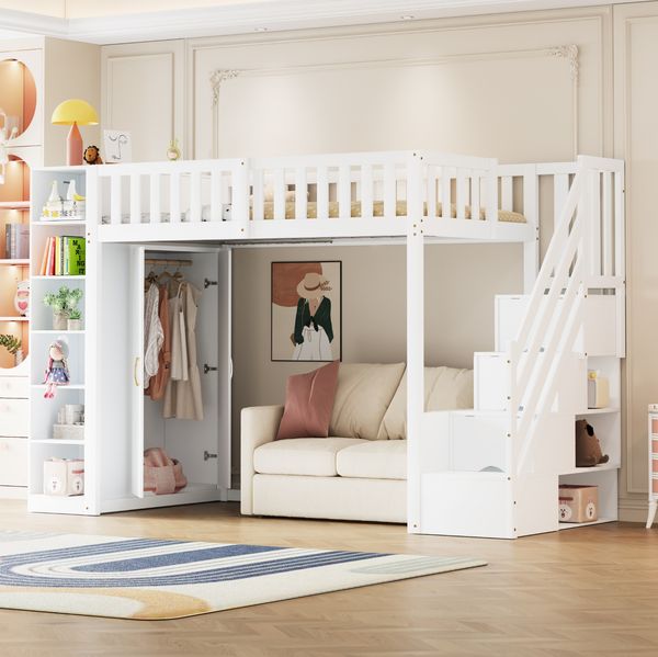Multifunktionales Hochbett 90x200 cm mit Kleiderschrank, Regalen & Leiter in Weiß, ohne Matratze