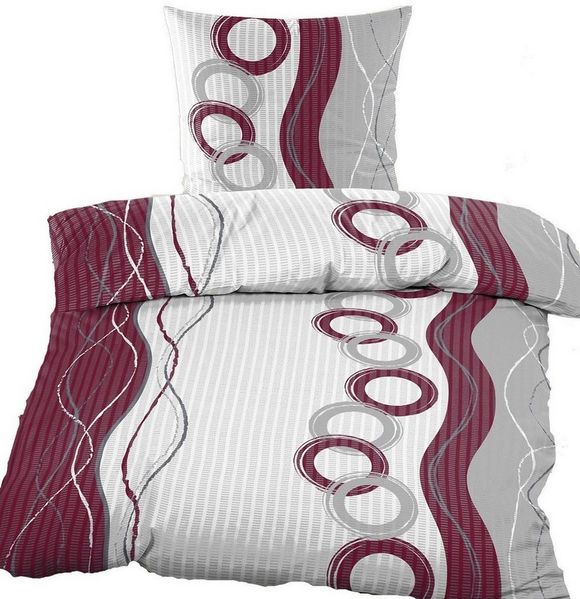 KH-Haushaltshandel Bettwäsche Seersucker Bettwäsche 135x200 +80x80cm, Wellen Kreise, Seersucker, lilabeere grau weiß, Kreise mit Wellen/Streifen Muster, bügelfrei