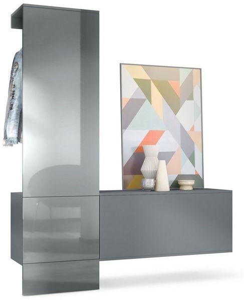 Garderobe Carlton Set 4, Wandgarderobe aus Deko-Paneel & Hängeschrank für Schuhe, Anthrazit matt/Grau Hochglanz (156,5 x 193 x 35 cm)