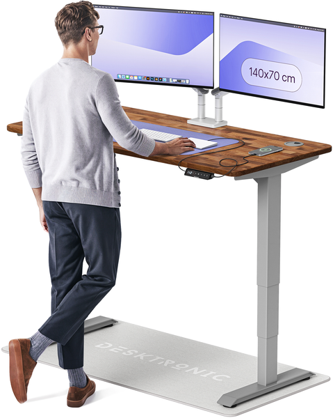 Desktronic HomePro Elektrisch höhenverstellbarer Schreibtisch 140x70 cm Massive Walnuss/Grau mit Memory-Funktion, Anti-Kollisions Technologie, USB-A und USB-C-Ladeanschlüssen