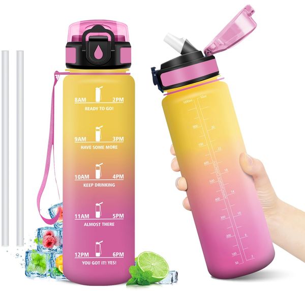 Wasserflasche 1L, Trinkflasche Kohlensäure Geeignet, Auslaufsicher, Trinkflasche mit Strohhalm,Sport Wasserflasche mit Zeitmarkierung, Sportflasche für Radfahren, Sprudel, Klettern, Bergsteigen