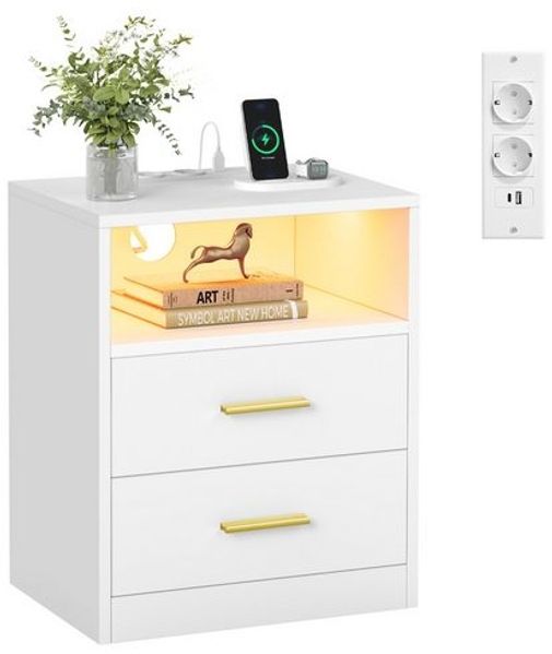 VASAGLE Beistelltisch mit Schubladen, Nachttisch aus Holz, Schlafzimmer, Massivholzbeine, weiß