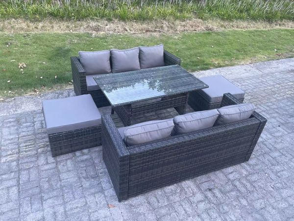 Fimous 8 Sitzer Outdoor Gartenmöbel Set Terrassen Rattan Rechteckiger Esstisch mit 2 Großer Hockern Dunkelgrau gemischt