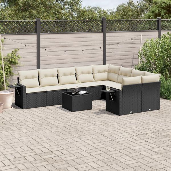 vidaXL 10-tlg. Garten-Sofagarnitur mit Kissen Schwarz Poly Rattan 3220645