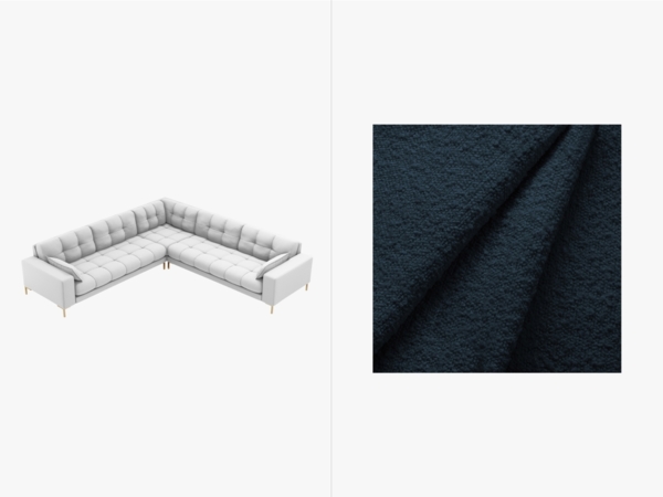 Micadoni Symmetrisches Ecksofa Mamaia 6-Sitzer Boucle Baloo Dunkelblau goldene Beine