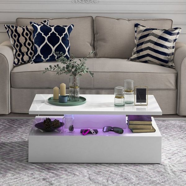 COSTWAY Couchtisch, mit LED 20 Farben, Sofatisch mit Stauraum hochglanz, 110x60x40cm