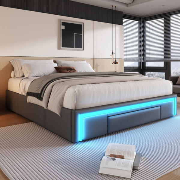 Kunstleder Bettgestell 160x200 cm mit Stauraum & LED, kopfteilloses Design, Metallrahmen,Grau
