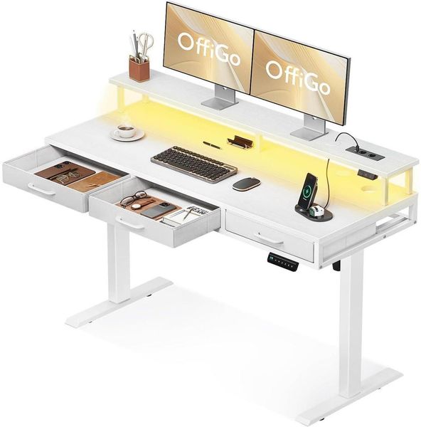 Elektrischer Schreibtisch 140cm Höhenverstellbar Schubladen Monitorständer LED