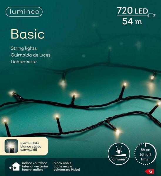 Lumineo LED-Lichterkette Lumineo Lichterkette BASIC 720 LED 54 m warm weiß, schwarzes Kabel, Indoor/Outdoor, dimmbar, 8h-Timer, + 5 m Zuleitung