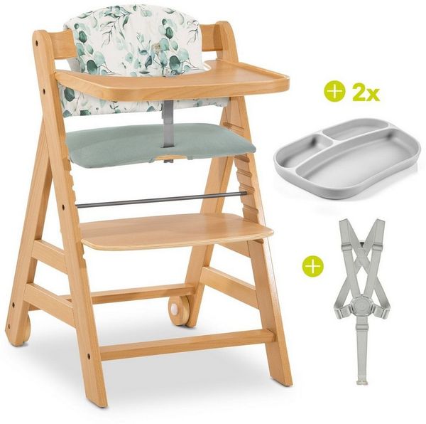 Hauck Hochstuhl Alpha Move - Natur, Holz Babystuhl ab 6 Monaten mit Rollen, Essbrett, Sitzkissen & Teller