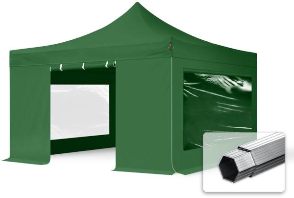 4x4 m Faltpavillon PROFESSIONAL Alu 40mm, Seitenteile mit Panoramafenstern, dunkelgrün