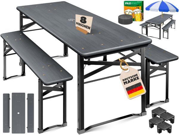 KESSER® Bierzeltgarnitur 3 teilig Gartenmöbel-Set | Klappbar 170 x 46 x 75 cm | 2X Bierbänke 1x Biertisch | Festzeltgarnitur Biertisch Stehtisch Sitzgarnitur Holz 12x Bodenschoner