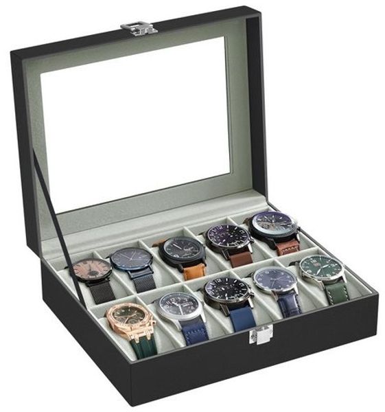 SONGMICS Uhrenbox mit 10 Fächern, Uhrenkasten mit Glasdeckel, Uhrenkoffer mit Herausnehmbaren Uhrenkissen, SAMT-Innenfutter, Metallverschluss, aus PU, Schwarz JWB010BK, Grau, 25,4 x 7,8 x 20,2 cm