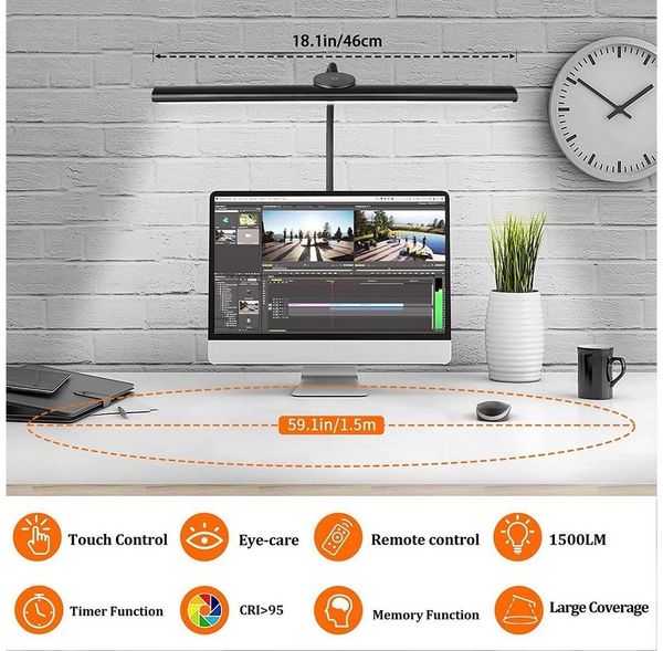 Novzep Tischleuchte LED Klemmtischleuchte 18W, 46 cm Monitorlampe, dimmbar & augenschonend, LED fest integriert, Mit Fernbedienung, Tischleuchte