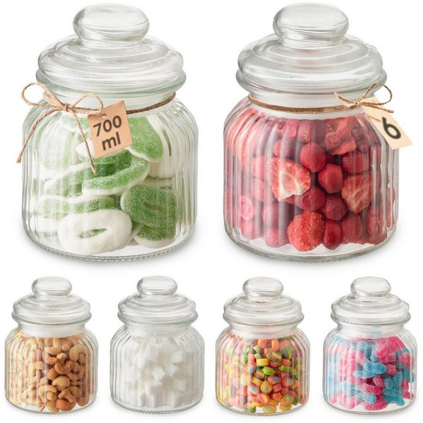 Praknu Vorratsglas 6 Candy Bar Gläser 700ml - Luftdicht - Vintage Keksglas mit Deckel, Glas, (Set, 6-tlg), Luftdichte Deckel mit Dichtung, Vorratsbehälter für Lebensmittel