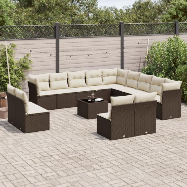 vidaXL 14-tlg. Garten-Sofagarnitur mit Kissen Braun Poly Rattan 3218503