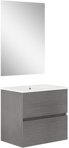Baikal, Badezimmer-Set Natura, Badezimmermöbel mit reduziertem Boden, mit Keramikwaschbecken, Aufteilung mit Zwei Schubladen, montiert, Zwei Schubladen mit Spiegel, Tiefe 39 cm, 70 cm, Asche