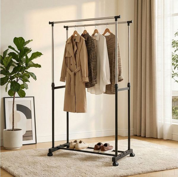 shop'n smile ideoon Kleiderständer Mobiler Kleiderständer Doppelstange B 80 cm Höhenverstellbar 90-160cm, Fahrbare Doppel-Kleiderstange, mit Schuhablage, 80x90–160x42 cm