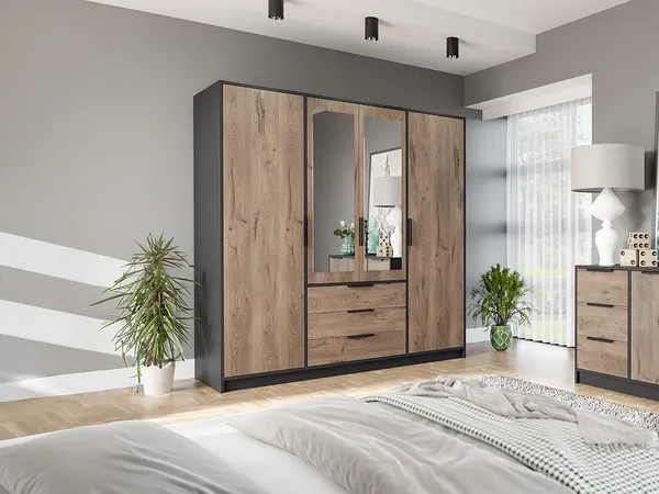 Vente-unique - LAMIKI Wardrobe and walk-in wardrobe Holz, Platte SchwarzBeige - B 58 cm x H 200 cm x L 196 cm