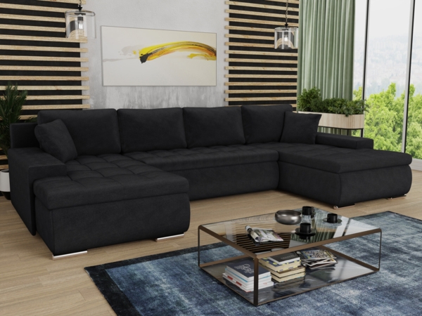 Wohnlandschaft mit Schlaffunktion Faris U-Form - Couch, Schlafsofa mit Bettkasten, Couchgranitur mit Bettfunktion, Big Sofa, Bettsofa (Schwarz (Kronos 07))