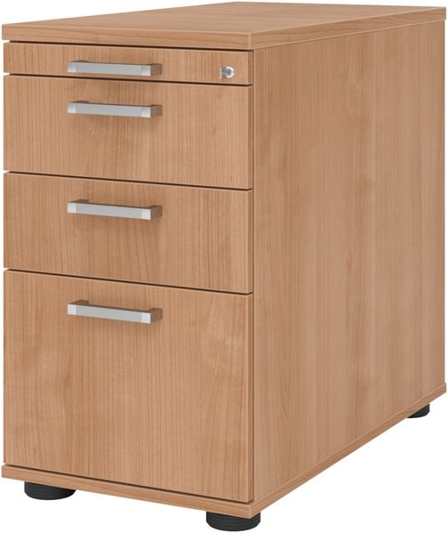 bümö Schreibtisch Schrank Büro mit Hängeregister für Hängeordner, Schubladenschrank Holz in Nussbaum, Container mit Schubladen & Hängeregistratur - Schreibtisch Kommode mit Chromgriffe, SC40-N-N-CE