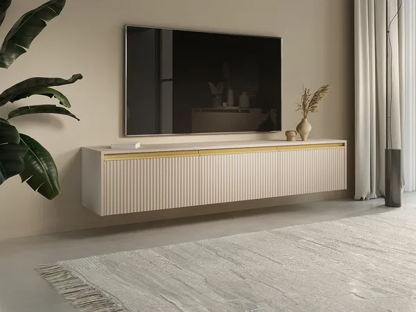 Vente-unique - POSINIA TV unit Holz, Platte Beige - B 39 cm x H 42 cm x L 181,5 cm