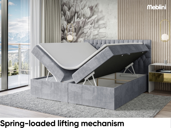 MEBLINI Boxspringbett DALIA 180x220 cm mit Bettkasten - H4/Hellgrau Samt Polsterbett - Doppelbett mit Topper & Taschenfederkern-Matratze Bild 3