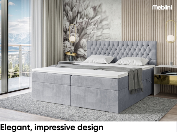 MEBLINI Boxspringbett DALIA 180x220 cm mit Bettkasten - H4/Hellgrau Samt Polsterbett - Doppelbett mit Topper & Taschenfederkern-Matratze Bild 2