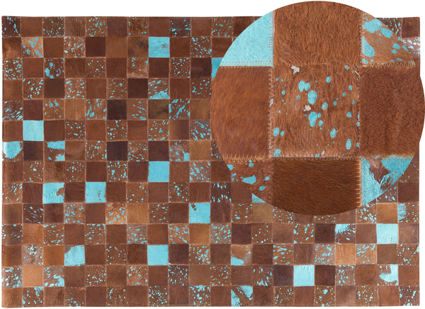 Teppich Kuhfell braun-blau 160x230 cm Patchwork ALIAGA