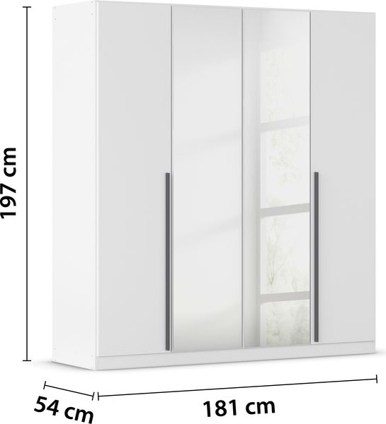 rauch Kleiderschrank Alba, Drehtürenschrank, Garderobenschrank, 4-türig, mit Spiegel, mit 2 Kleiderstangen und 2 Einlegeböden, Farbe Weiß, Griffstange Grau metallic, Schwarz, 181x197x56cm Bild 4