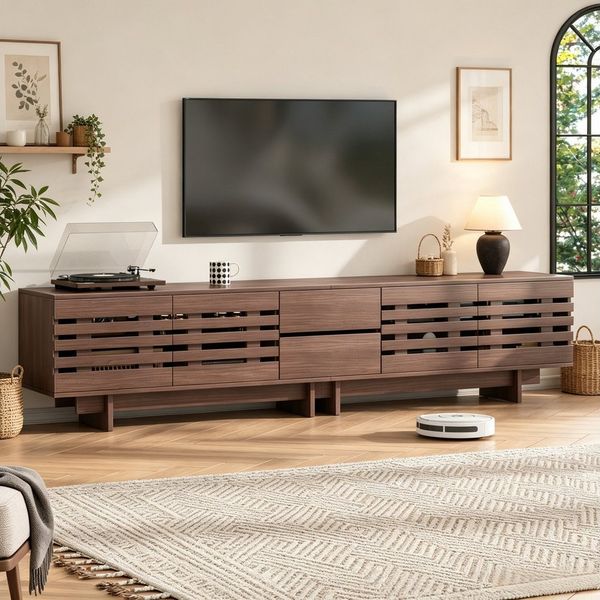 Merax Lowboard in Walnuss Holzoptik (1 St, Fernsehtisch für bis 80 Zoll), TV Schrank mit 4 Flügeltüren, 2 Schubladen & 6 Fächer, 200×39,5×55cm