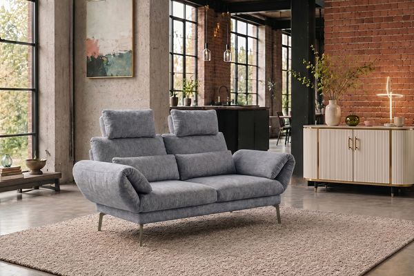 KAWOLA Funktionssofa HOLLY 2-Sitzer 2 Kopfstützen Stoff grau 90 x 92 x 176 cm