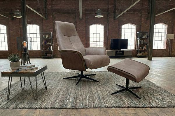 KAWOLA Relaxsessel FERREIRA Drehsessel Lederfaserstoff anthrazit mit Hocker 106 x 84 x 78 cm