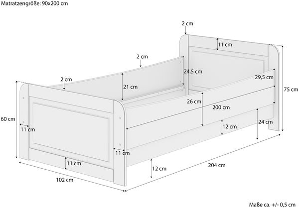 Erst-Holz Einzelbett, Seniorenbett extra hoch, Massivholz Kiefer, mit Rollrost, 90x200 cm Bild 5