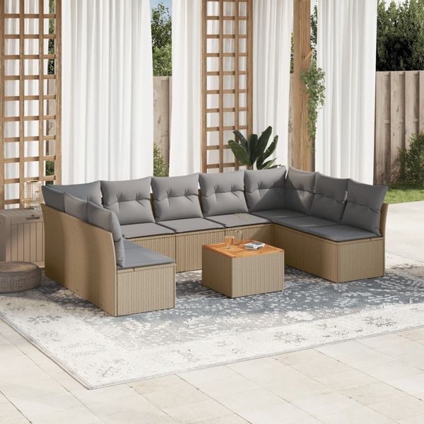 vidaXL 10-tlg. Garten-Sofagarnitur mit Kissen Beige Poly Rattan 3223791