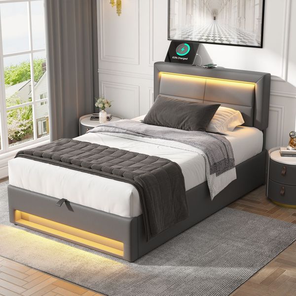 Polsterbett 90×200 cm aus Kunstleder mit LED-Beleuchtung & USB-Anschluss, grau