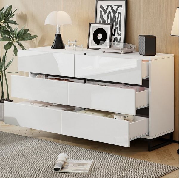 Merax Sideboard hochglanz Wohnzimmerschrank in Weiß-Schwarz (1 St, Anrichte Buffetschrank), Kommode mit 6 Schubladen, Metallbeine & Stauraum, 140x39,5x78,5cm