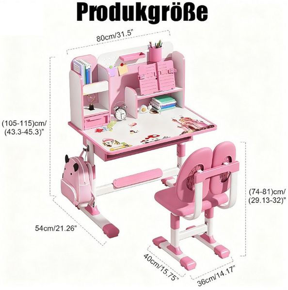 Rutaqian Kinderschreibtisch 2Pcs / Set Kinder Studie Schreibtisch Stuhl Set, höhenverstellbar (Set, 1-St, Ergonomischer Schreibtischstuhl mit Buchständer,sitzenden Korrektor), Multifunktions Kinderschreibtischstuhl mit Aufbewahrungs schublade