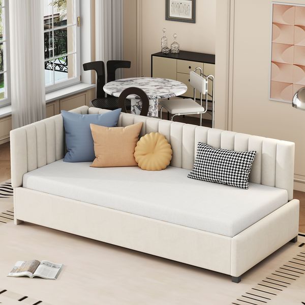 Polsterbett 90x200 cm mit Lattenrost – Schlafsofa im Mid-Century-Modern-Design in Beige