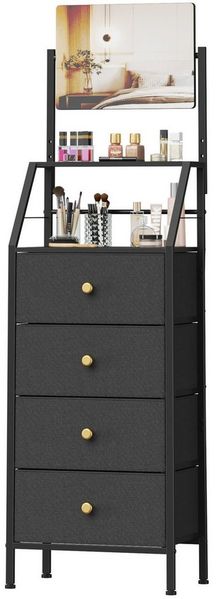 OYRREU Schubkastenkommode mit verstellbarem Spiegel, Schminkschrank, 4 Stoffschubladen (2-in-1 Spiegel-Kommode), platzsparendes Hochdesign, kippsicher
