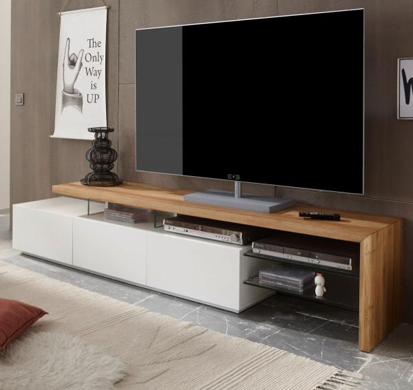 TV-Lowboard Asteiche massiv und weiß Lack 204 cm