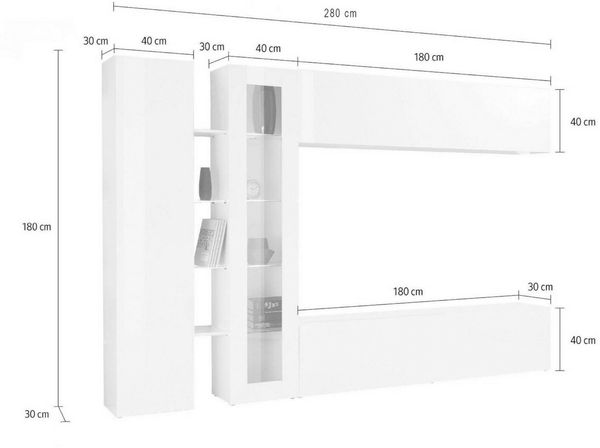 Dmora Ausgestattete Wand Annie, 4-türiges TV-Ständer-Wohnzimmerset, Mehrzweck-Wohnzimmermöbel, 100 % Made in Italy, 280 x 30 x 180 cm, glänzendes Weiß, Bild 3